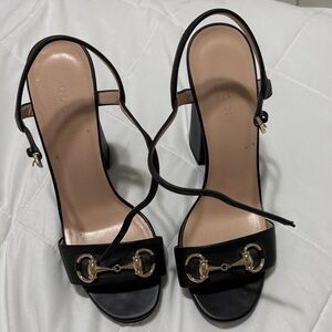 Gucci Black Heeled Sandals with Gold Accents